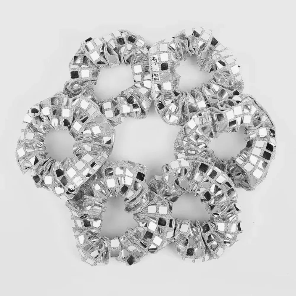 6pcs Square Sequin Sequin Hair Rope Retro Disco Pleated Design Rubber Bands Set Ponytail Holder Super Shiny Women's Hair Ties
