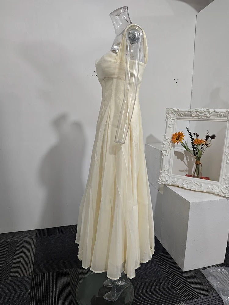 DEAT Elegant Dress Strapless Gauze High Waist Pleated A-line Big Swing Women's Evening Party Dresses 2026 Spring New 35Z2614