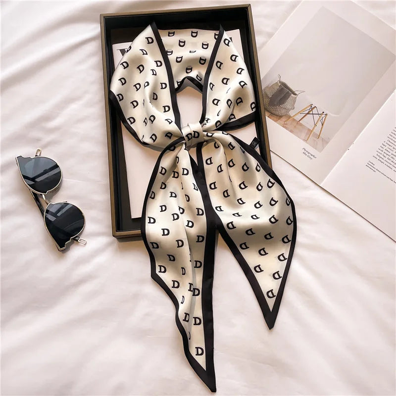 Horse carriage houndstooth decorated summer lightweight scarf fashionable long neckerchief women versatile slim bias-cut ribbon