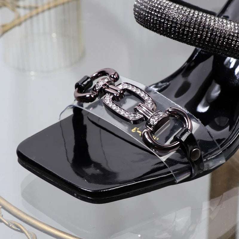 Women's slippers 2026 summer fashion Transparent belt metal decoration box shaped square Alien heel high heels wearing sandals