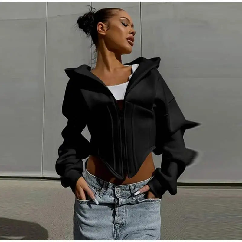 Street Women's Solid Hooded Sweatshirt Jacket Slim Long Sleeved Zipper Waist Cinching Cropped Jackets 2026 Autumn Lady Suits New