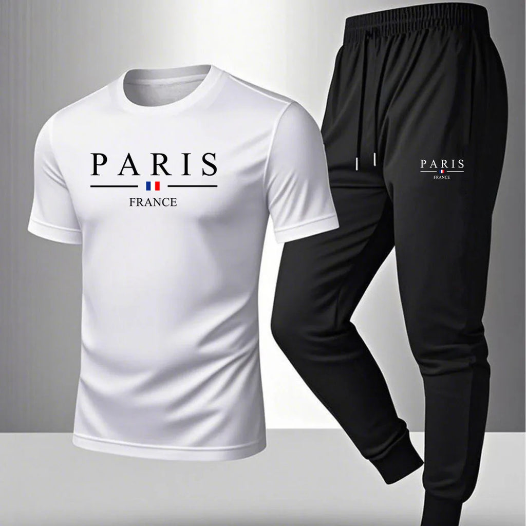 Men's casual sports outfit, printed round-neck short-sleeved T-shirt and long pants, suitable for outdoor wear.