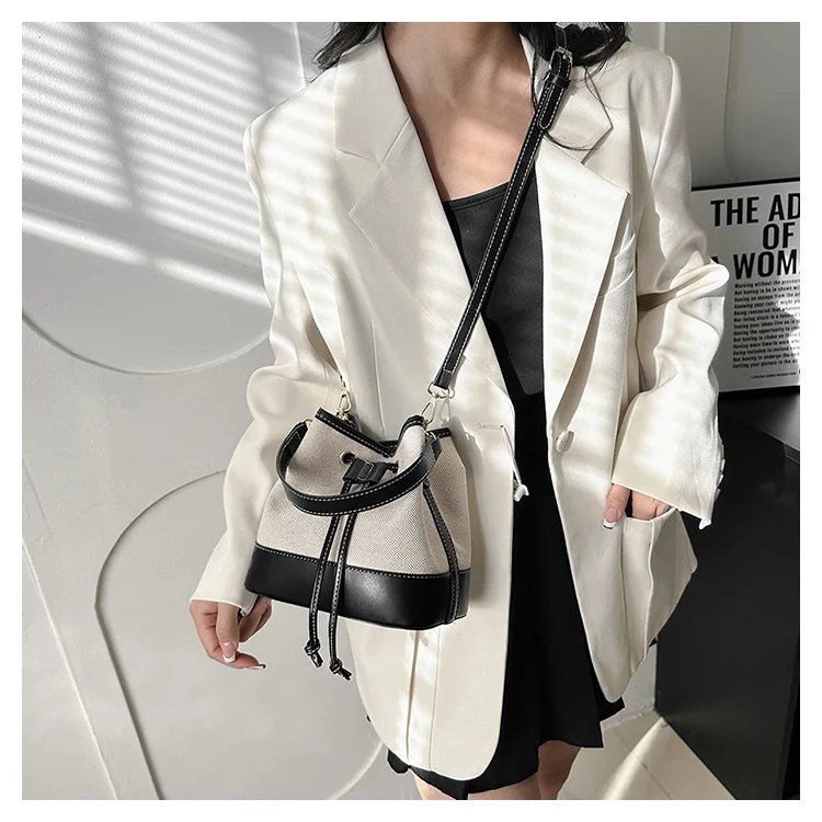 Canvas Bucket Bag Luxury Designer Handbags Women PU Shoulder Bag Fashion Crossbody Daily Commuting Tote Bag