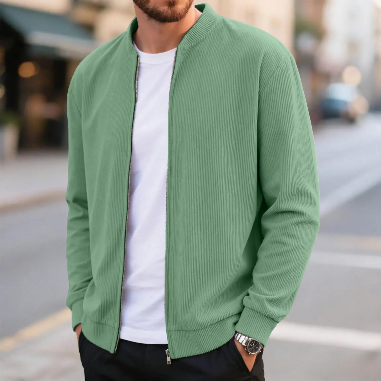 Corduroy Solid Color Men'S Casual Coat Round Neck Zipper Long Sleeve Outerwear Autumn/Winter Stylish Male Jacket Overcoat