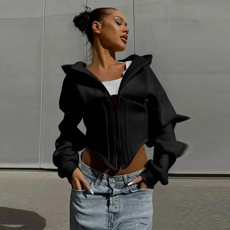 Street Women's Solid Hooded Sweatshirt Jacket Slim Long Sleeved Zipper Waist Cinching Cropped Jackets 2026 Autumn Lady Suits New