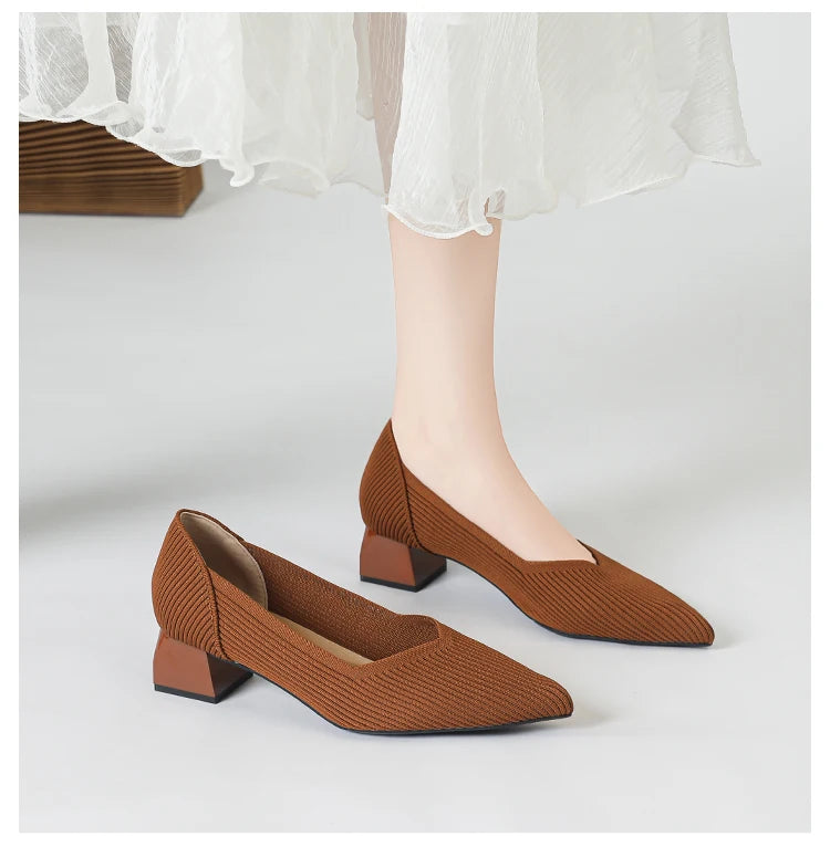 2026 New Women's High Heels Large 42/43 Fashion Pointed Anti slip Rubber Bottom Knitted Breathable Shoes