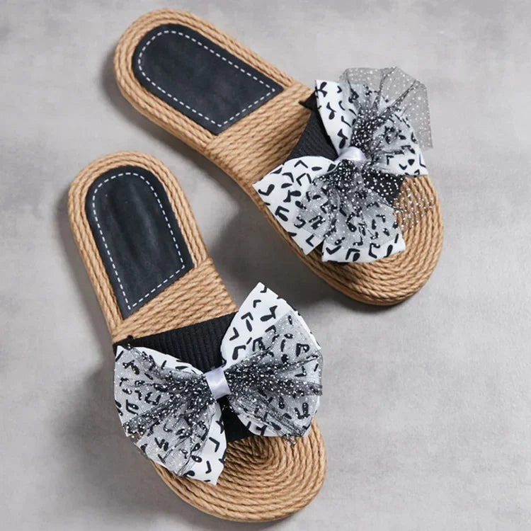 Female Summer Slippers Artificial Straw Sole Shoes Lady Summer Indoor Flat with Flip Flops Stitching Floral Women Slippers