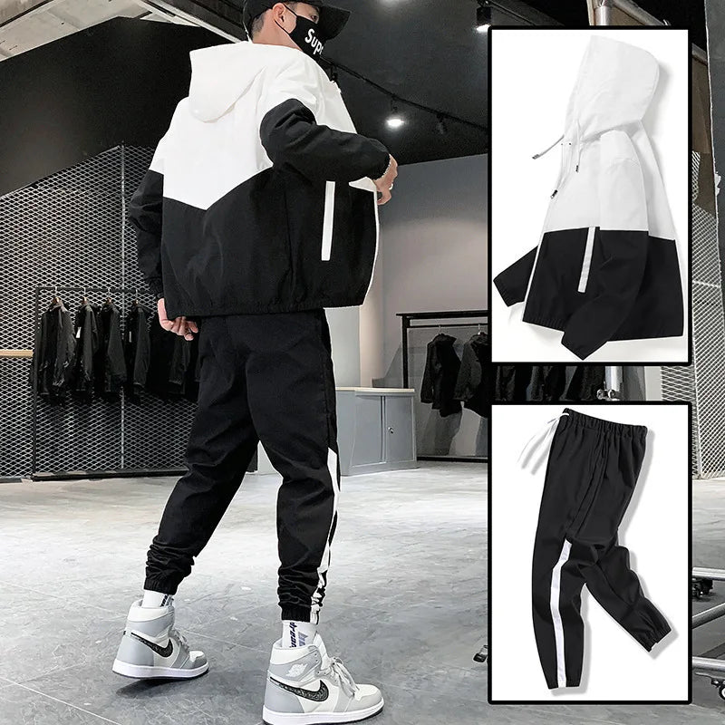 M-6XL New Men's Sportswear Set from Japan South Korea Autumn Casual Wear Men's Hooded Jacket Leg Tied Pants Trendy Casual Suit