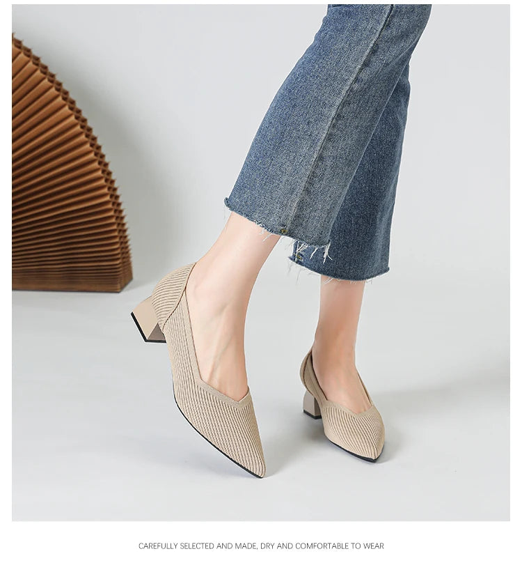 2026 New Women's High Heels Large 42/43 Fashion Pointed Anti slip Rubber Bottom Knitted Breathable Shoes