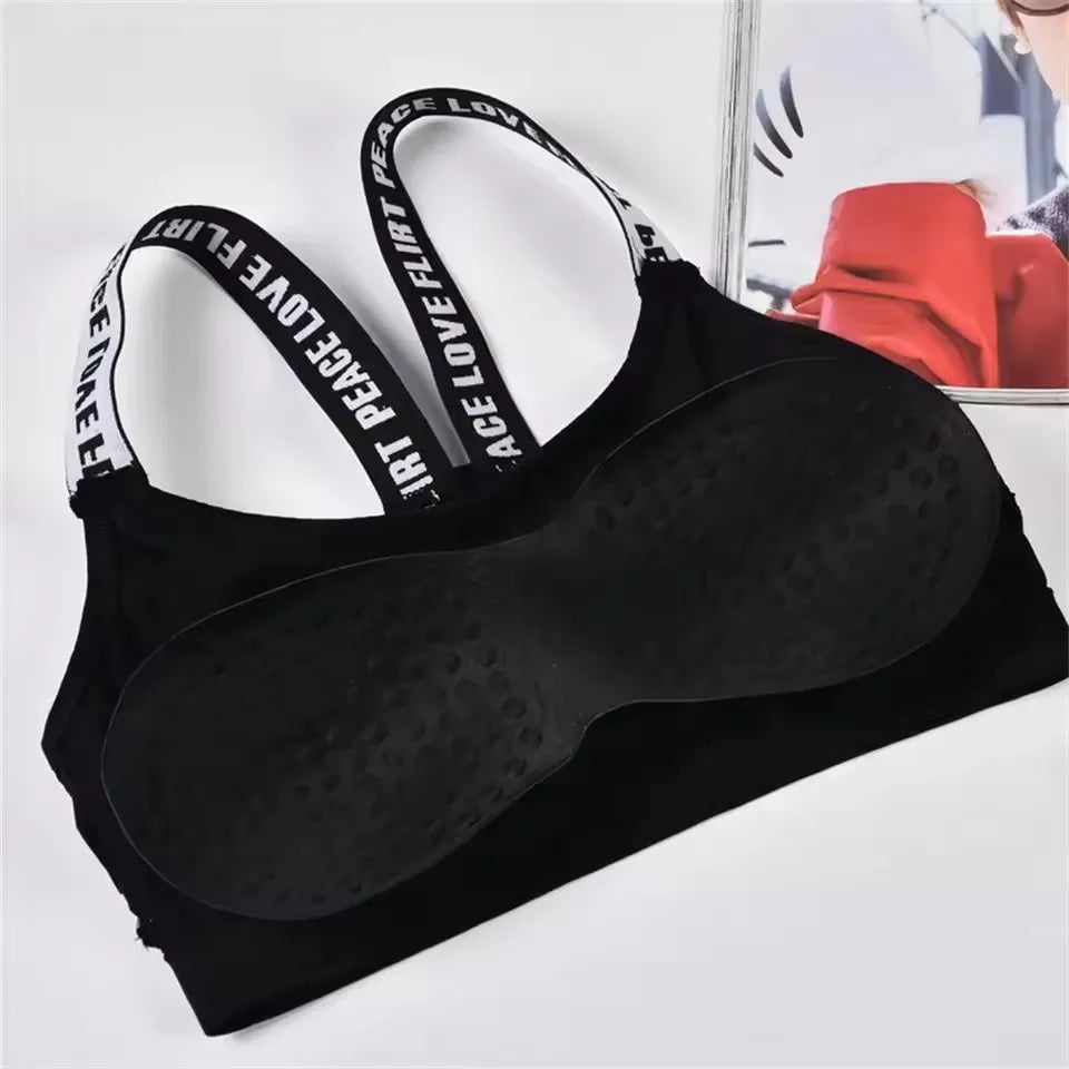 Letter strap back underwear women without underwire integrated with chest cushion back heart strap women wrap chest fitness yoga