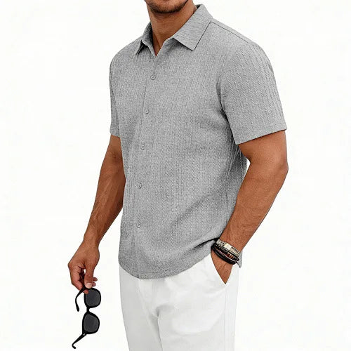 European and American Men's Casual Jacquard Shirt Men's Summer Solid Color Lapel Breathable Men's Short-Sleeved Shirt Top