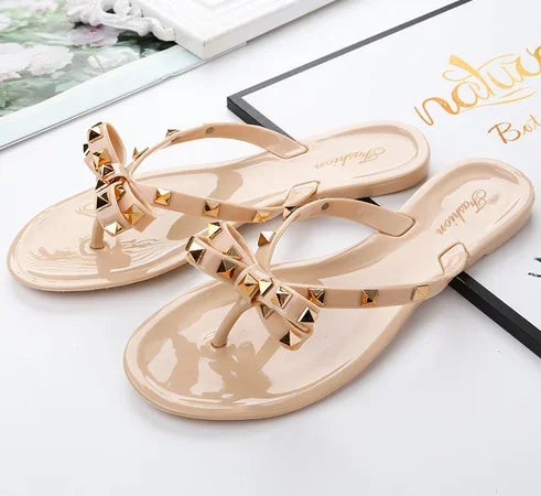 Women Low Pricing  Jelly Shoes Rivets Studs Bow-Knot Leisure Daily Flip-Flops For Raining Days Anti-Slip Flat Slippers Zoris 36