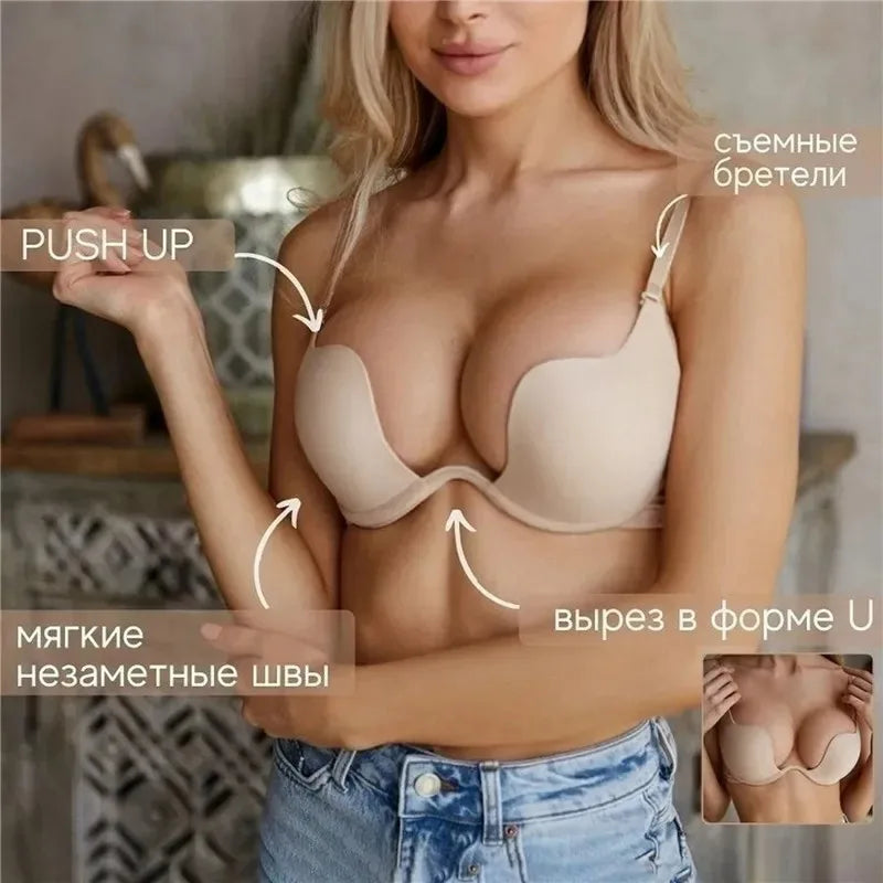 Sexy Women Lingerie Backless Bras Underwear Deep V Low Cut Push Up Bra Intimates Female Sport Yoga Bralette Low Back Invisible