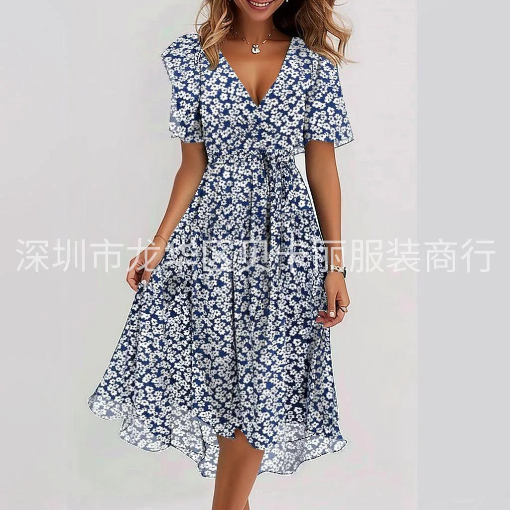 Elegant Floral Print Boho Party Dress Summer V Neck Short Sleeve Knee Length Vestidos BKLFZ-1616