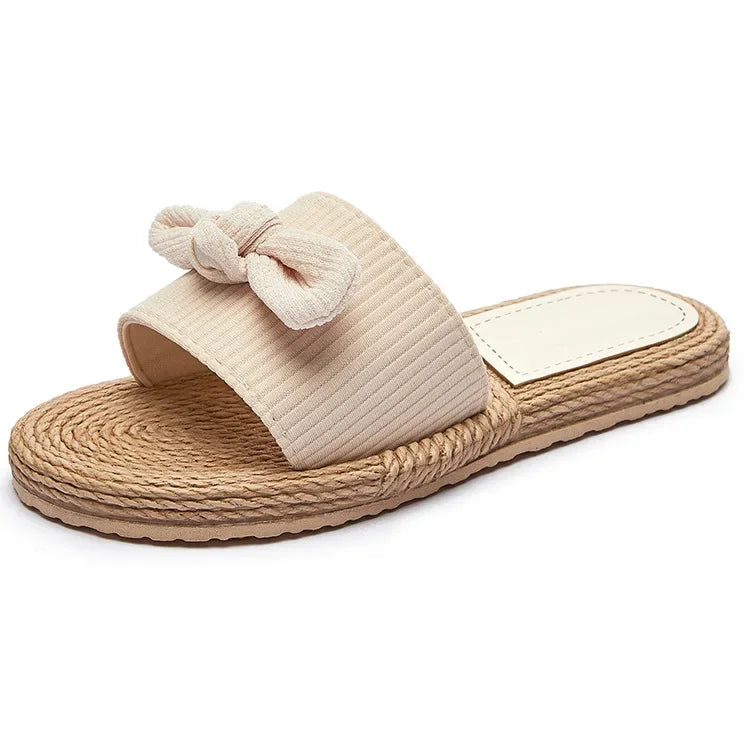 Female Summer Slippers Artificial Straw Sole Shoes Lady Summer Indoor Flat with Flip Flops Stitching Floral Women Slippers