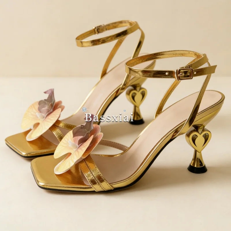 Vivid Orchid Flower Decor Modern Sandals Women Cross Strap Strange Heel Square Toe Party Shoes Summer