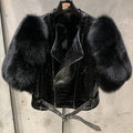 Leather Fur Jacket Natural Fur Sleeve Ladies Short Leather Jacket Real Fox Fur Sleeve Coat Women Autumn 21001-1