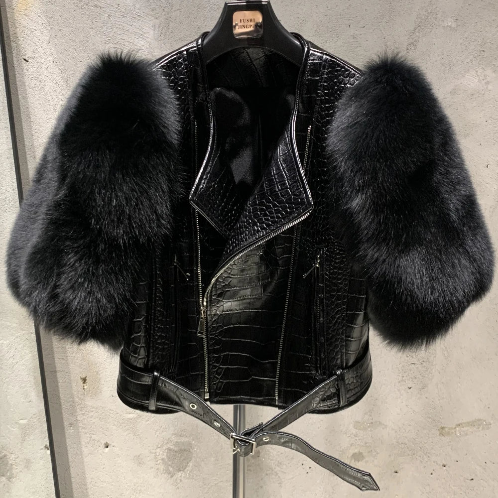 Leather Fur Jacket Natural Fur Sleeve Ladies Short Leather Jacket Real Fox Fur Sleeve Coat Women Autumn 21001-1