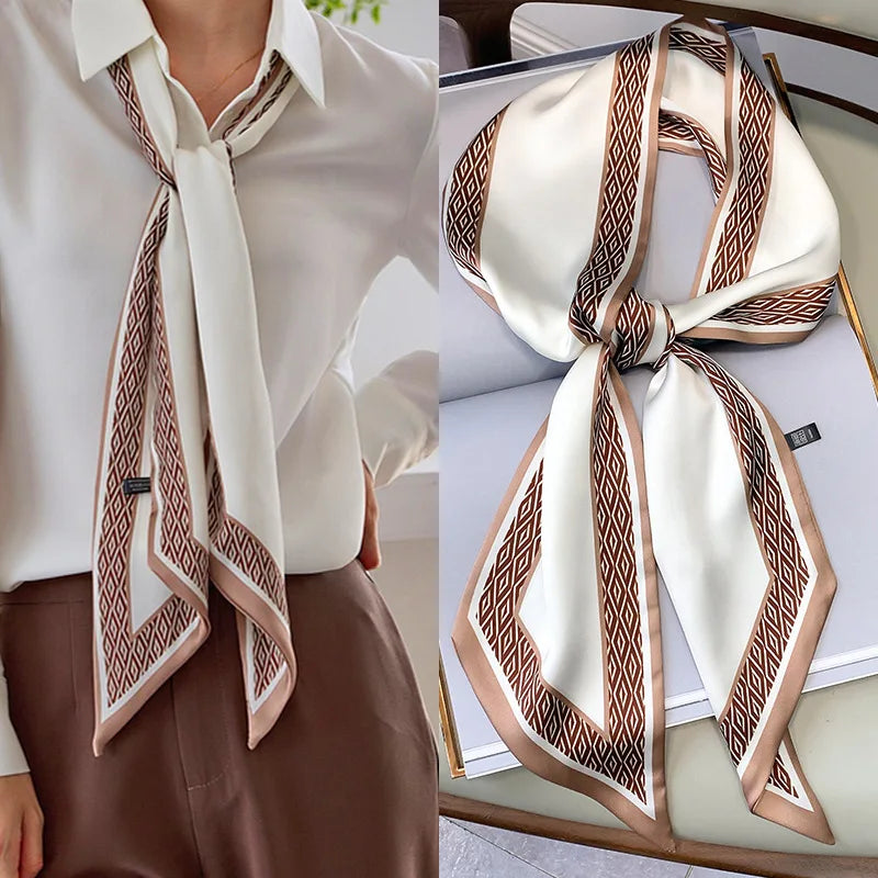 Fashion Blue Print Silk Scarf Women Soft Satin Horse Hairband Bevel Neckerchief Office Hijab Headband Foulard Bag Ribbons Gift