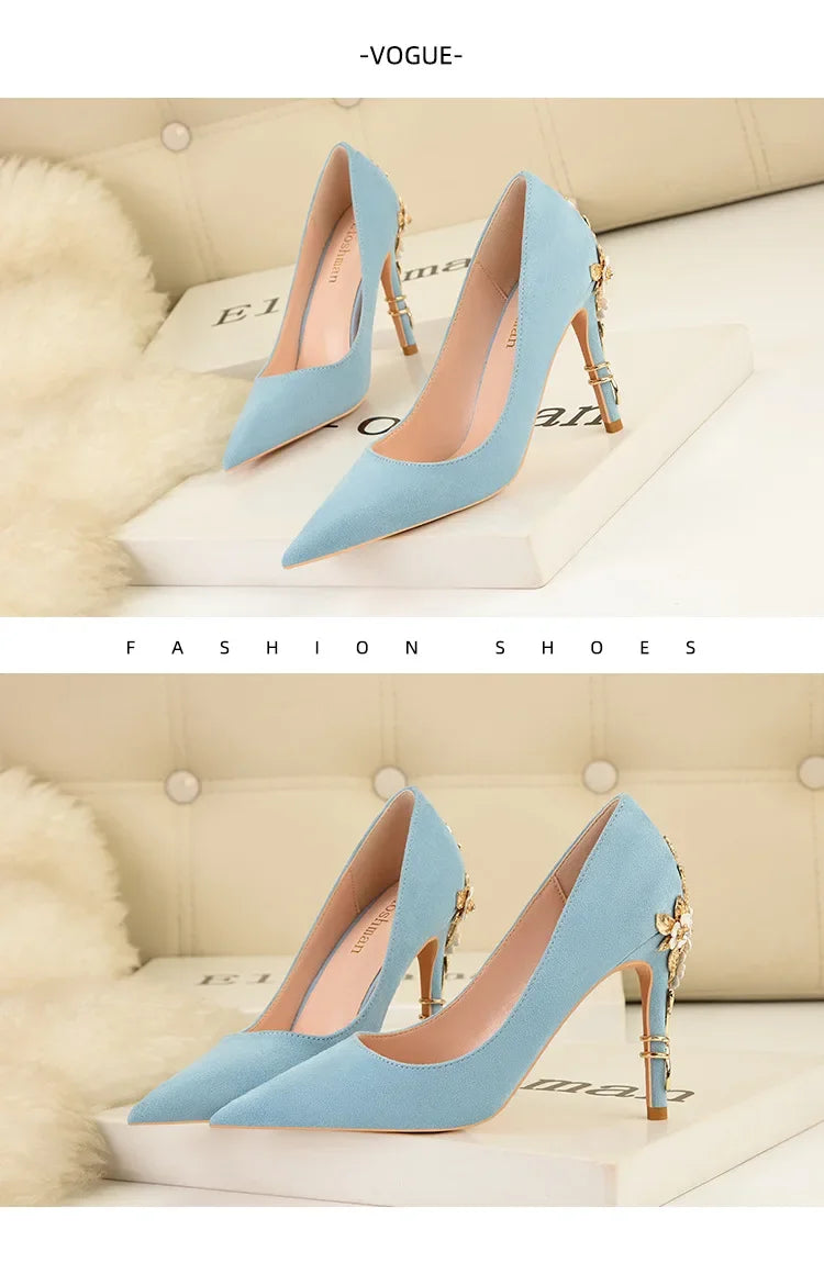 High End Metal Flower High Heels New European American Fashion Luxury Sexy Pointed Women's Shoes Banquet Party Casual Shoes