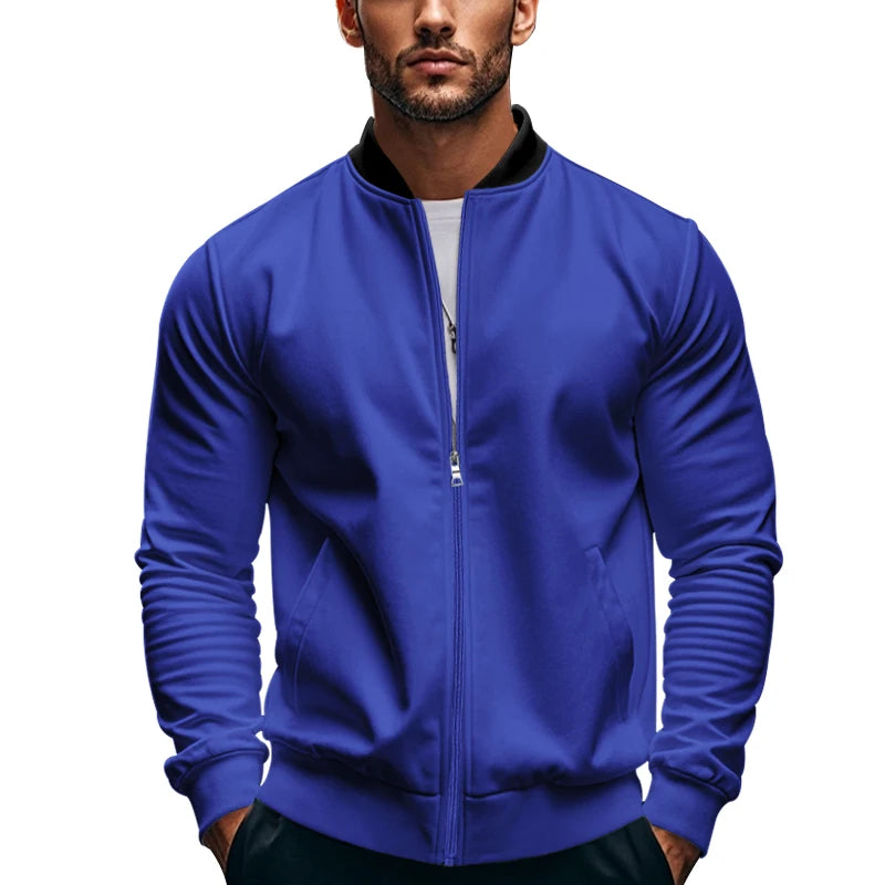 2024 New Spring And Autumn Men's Stand Collar Jacket Solid Color Leisure Sports Long Sleeve Zipper Coat Straight Tube Large Size