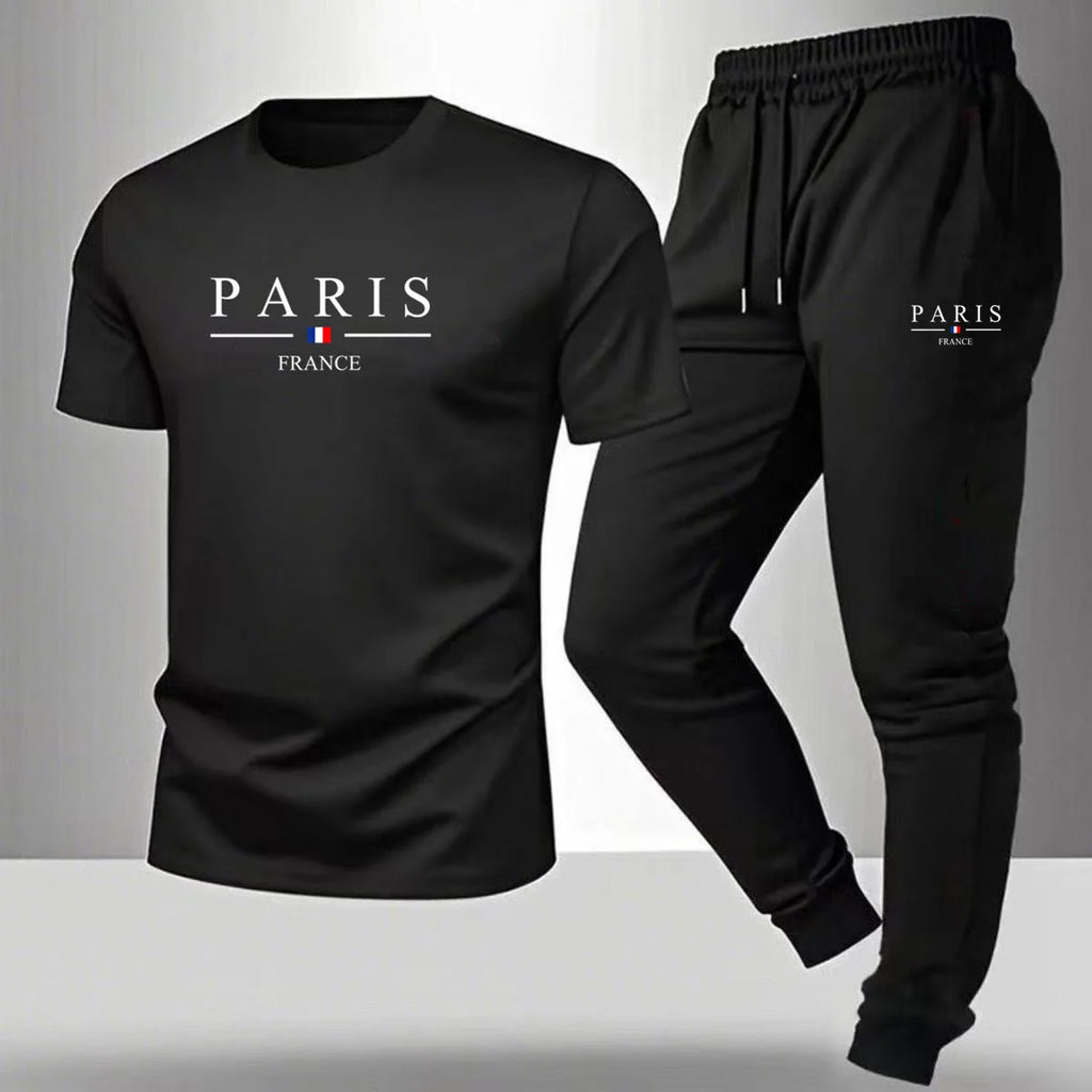 Men's casual sports outfit, printed round-neck short-sleeved T-shirt and long pants, suitable for outdoor wear.