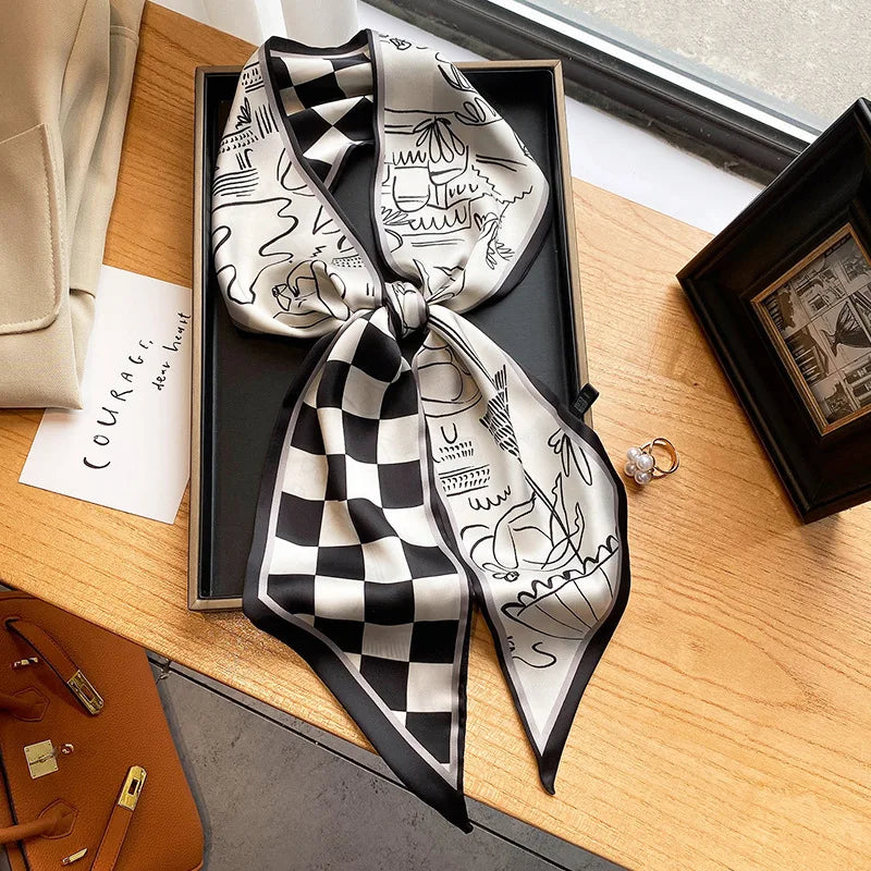 Fashion Blue Print Silk Scarf Women Soft Satin Horse Hairband Bevel Neckerchief Office Hijab Headband Foulard Bag Ribbons Gift