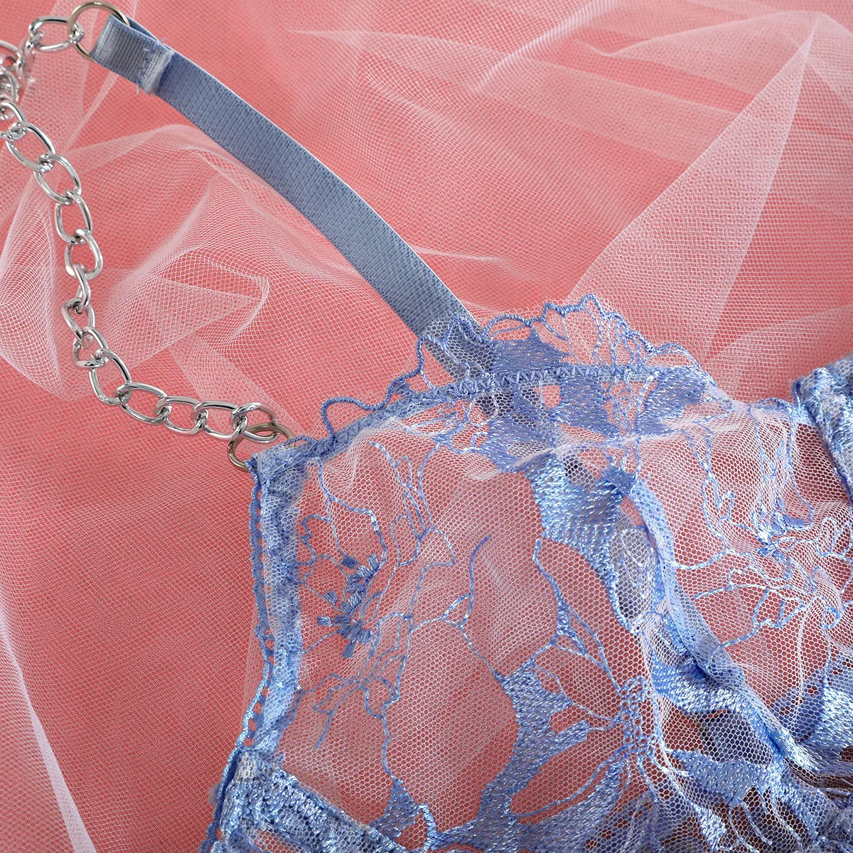 Fancy Floral Embroidery Lingerie Set Sexy Women Transparent Mesh Sheer Erotic Suit Metal Chain Bra Thong Garter Underwear Set