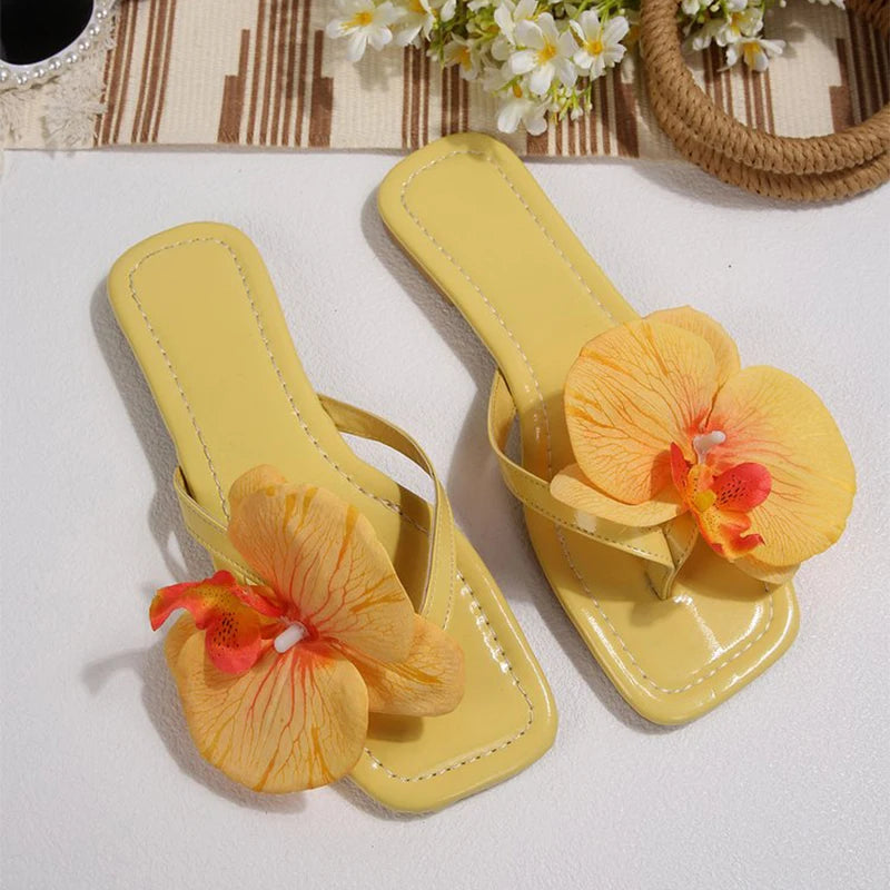 Beach Vacation Clip Toe Orchid Floral Sandals Women Yellow Bohemian Flat Flip-Flops Woman Outdoor Comfortable Soft Soles Sandals