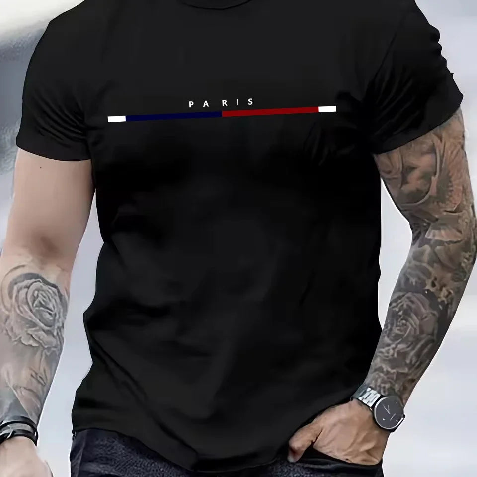 2026 Hot Sale Men's 100% Cotton Summer Loose PARIS Creative Letter Print Casual Slim Fit Round Neck Short Sleeved T-shirt Top