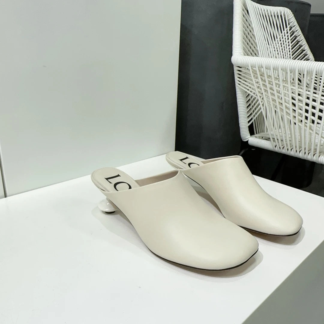 White Sheepskin Square Head Women's Slipper Baotou Textured Elegant Commuter Casual Simple Sense of Classic Wine Glass Heels New