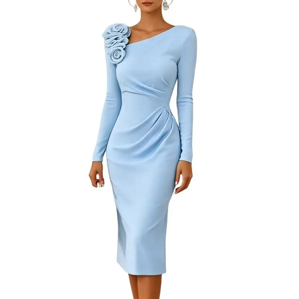 Retro Style Dress Women's Cocktail Party Bodycon Midi Dress Long Sleeve 3d Flower Ruched Gown Formal Wedding Guest Evening Wear