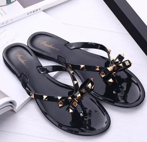 Women Low Pricing  Jelly Shoes Rivets Studs Bow-Knot Leisure Daily Flip-Flops For Raining Days Anti-Slip Flat Slippers Zoris 36
