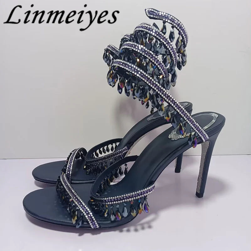 Summer High Heels Sandals Women Rhinestone String Bead Ankle Snake Twine Around Wedding Shoes Lady Gladiator Sandals Woman