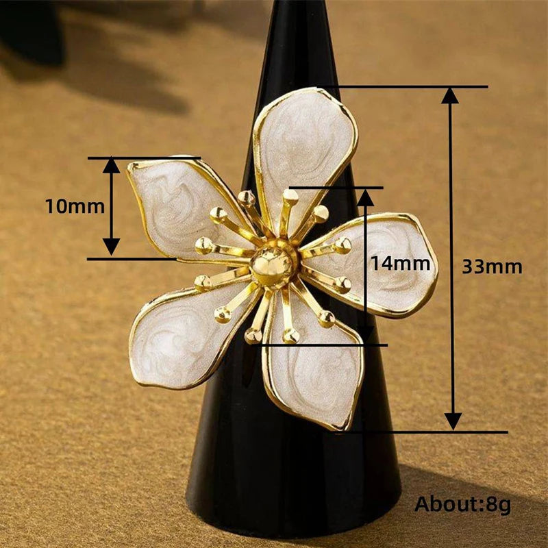 Huitan Gorgeous Flower Rings with White Enamel for Women Aesthetic Adjustable Finger Accessories Elegant Graceful Party Jewelry