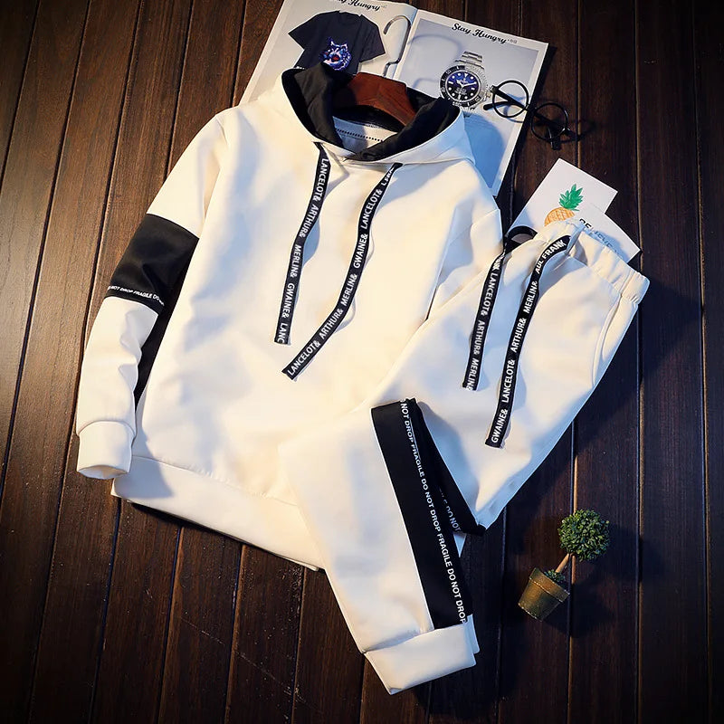 Autumn Unisex Korean Color Block Hooded Two Piece Tracksuit Letter Print Drawstring Hoodie Jogger Pants Loose Hip Hop Student Da