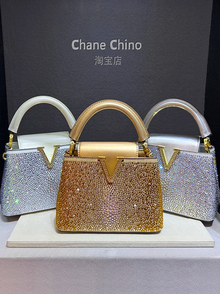 High Luxury Genuine Leather Diamonds Tote Women's Handbags 2025 Small Evening Bag V Letter Rhinestone Shoulder Crossbody Bags