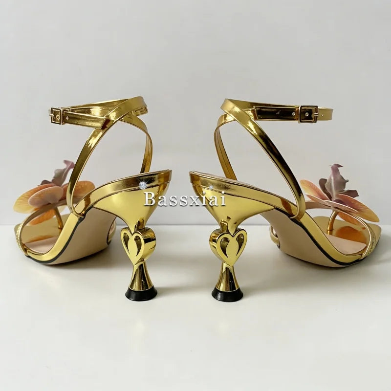 Vivid Orchid Flower Decor Modern Sandals Women Cross Strap Strange Heel Square Toe Party Shoes Summer