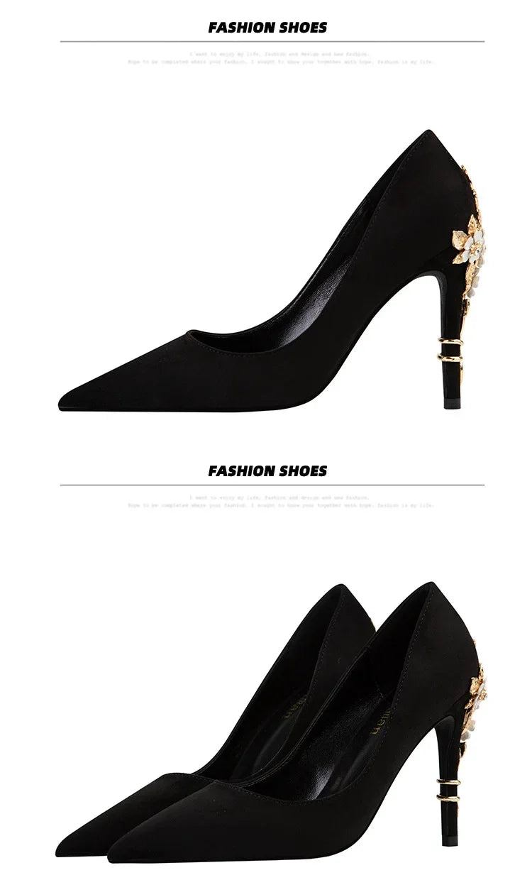 High End Metal Flower High Heels New European American Fashion Luxury Sexy Pointed Women's Shoes Banquet Party Casual Shoes