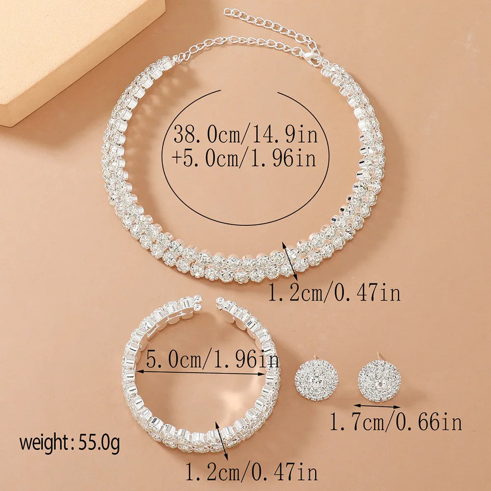 Light Luxury Double Layer Choker Necklace for Women Full Rhinestone Cuff Bracelet Stud Earring Braidal Wedding Party Jewelry Set