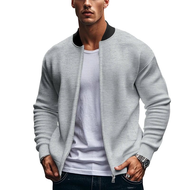 2024 New Spring And Autumn Men's Stand Collar Jacket Solid Color Leisure Sports Long Sleeve Zipper Coat Straight Tube Large Size