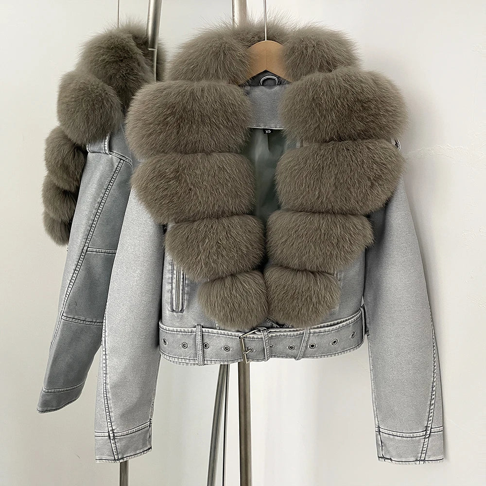 Faux PU Leather Jacket Natural Fox Fur Female New Autumn Short Top Clothing Women Long Sleeve Fake Leather Coat Real Fur Coat