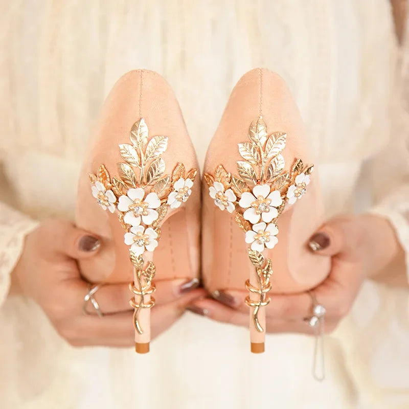 High End Metal Flower High Heels New European American Fashion Luxury Sexy Pointed Women's Shoes Banquet Party Casual Shoes