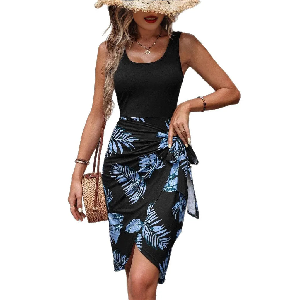 Tropical Print Maxi Dress Summer 2025 Elegant mid Waist Knitted A-Line Skirt Couple's Holiday Beach Women's Dress