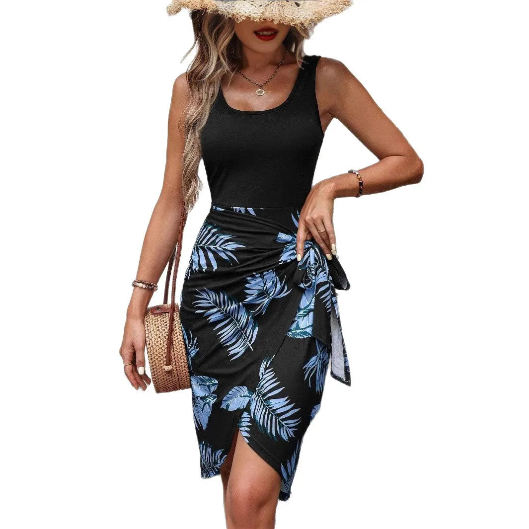 Tropical Print Maxi Dress Summer 2025 Elegant mid Waist Knitted A-Line Skirt Couple's Holiday Beach Women's Dress