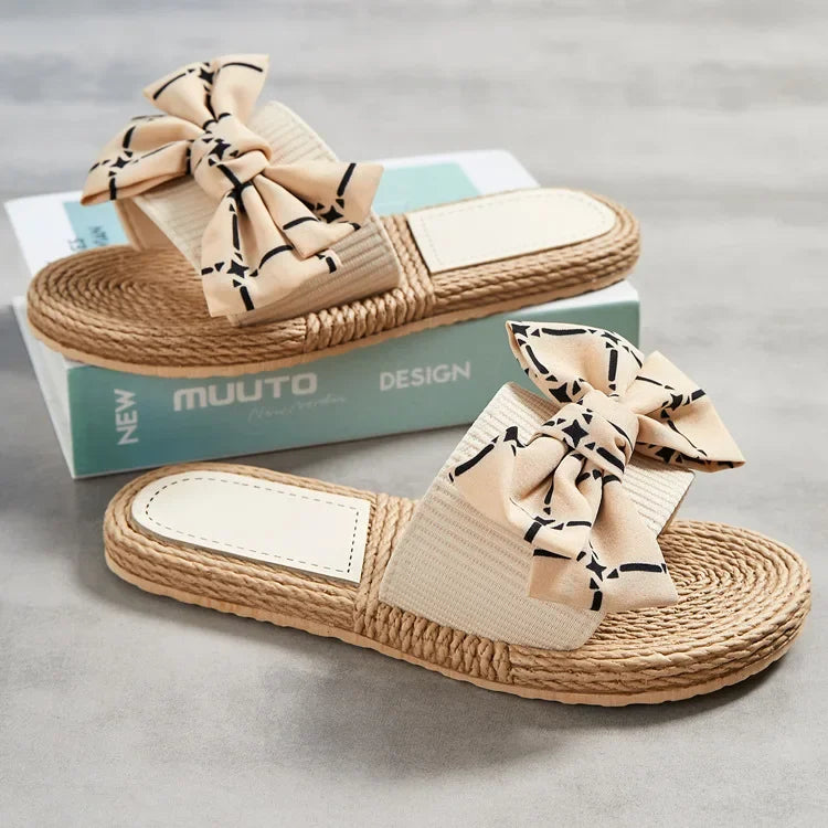 Female Summer Slippers Artificial Straw Sole Shoes Lady Summer Indoor Flat with Flip Flops Stitching Floral Women Slippers