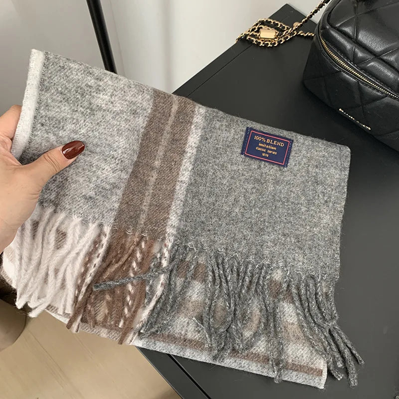 Faux Cashmere Plaid Scarf British Classic Style Light Luxury Unisex Warm Winter Autumn Neck Wrap for Couple