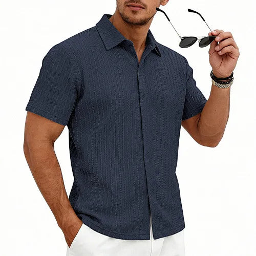 European and American Men's Casual Jacquard Shirt Men's Summer Solid Color Lapel Breathable Men's Short-Sleeved Shirt Top