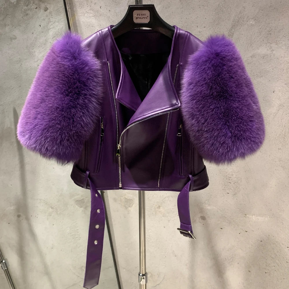 Leather Fur Jacket Natural Fur Sleeve Ladies Short Leather Jacket Real Fox Fur Sleeve Coat Women Autumn 21001-1