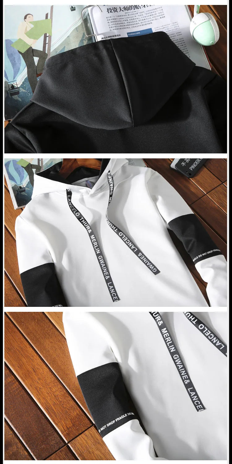 Autumn Unisex Korean Color Block Hooded Two Piece Tracksuit Letter Print Drawstring Hoodie Jogger Pants Loose Hip Hop Student Da